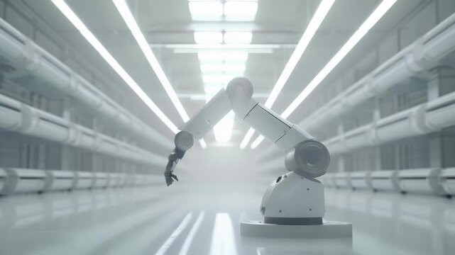 Robotic arm in a bright, sterile high-tech lab, symbolizing advanced automation and precision in modern industry. AI-driven manufacturing and futuristic technology
