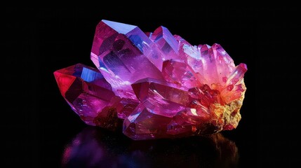 A cluster of purple and pink amethyst crystals with a dark background.