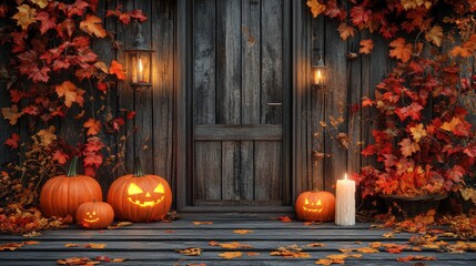 Obraz premium Halloween background as wooden porch and door of old house with pumpkins and candles on night fog background