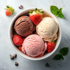 Top view ice creams scoops that various flavor in white bowl isolated on background, dessert sweet scoop of chocolate, strawberry, and vanilla