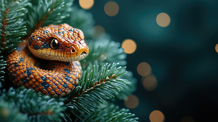 Fototapeta premium glass gold christmas tree decoration in the shape of a snake head with scale texture hanging on a fir-tree branch, new year 2025, symbol, chinese horoscope, decor, winter, blurred background, postcard