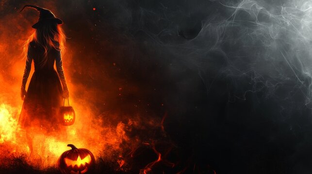 witch in hat with pumpkin, lantern and autumn leaves during halloween on black textured fire background, letterhead, postcard, background, template,photo, vector , illustration