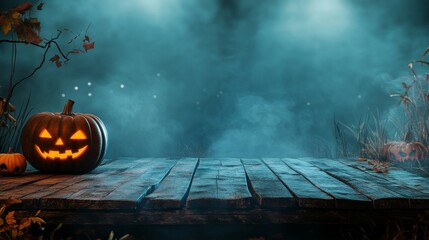 Halloween background in the form of wooden podium with pumpkins and candles on the background of night fog. photo.
