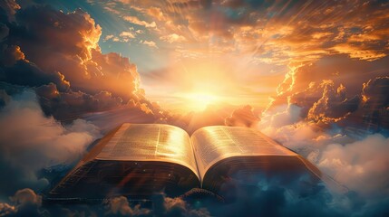 An open holy bible with golden light shining through clouds, symbolizing hope and faith.