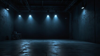 Fototapeta premium Dimly lit industrial warehouse space with spotlights against walls