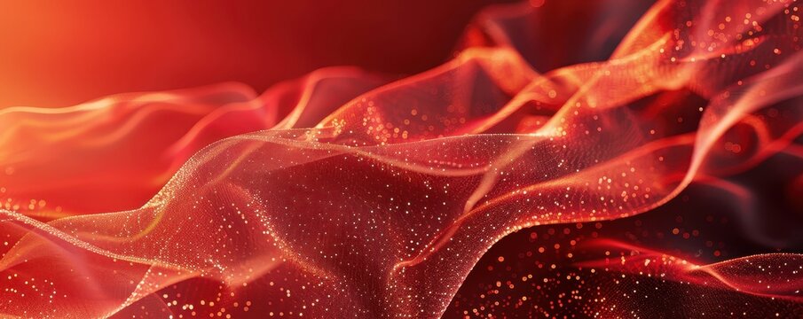 Abstract red wave pattern with sparkles, flowing fabric texture creating vibrant and dynamic digital background for creative designs.