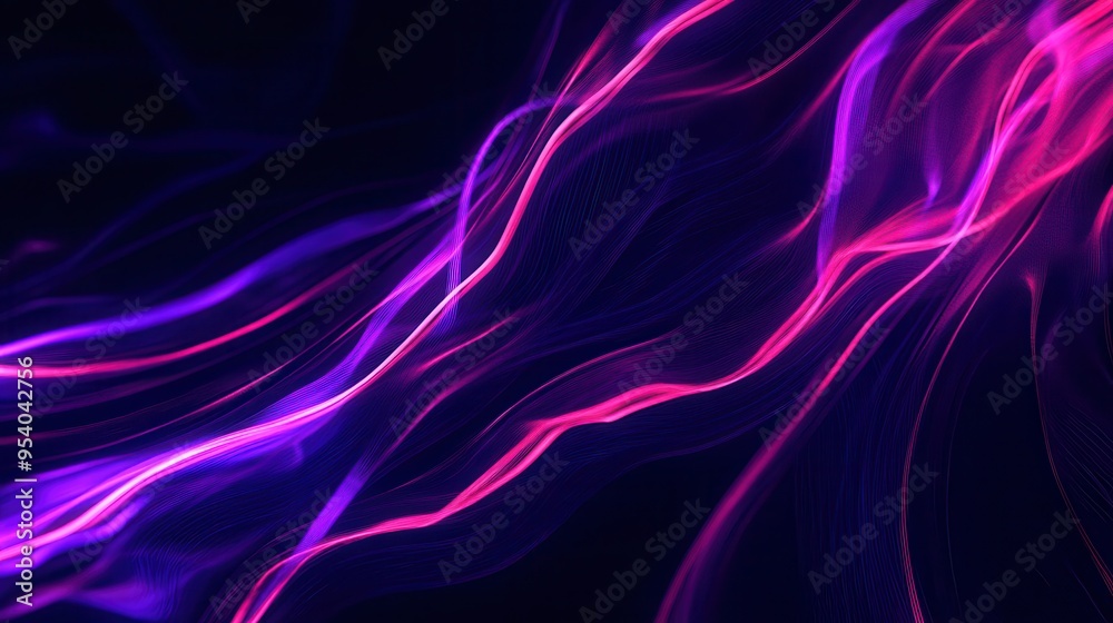 Poster vibrant neon waves of pink and purple light flowing gracefully against a dark backdrop, creating a m