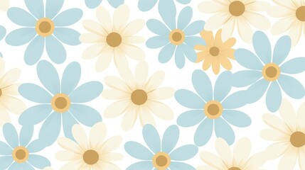 A vibrant floral pattern featuring light blue, cream, and yellow daisies on a white background, perfect for design use.