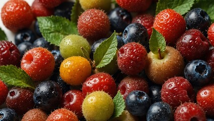Obraz premium Vibrant, fresh mixed berries with dewdrops and green leaves