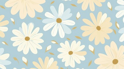 A floral pattern featuring large light-colored flowers on a soft blue background, ideal for textiles or wallpapers.