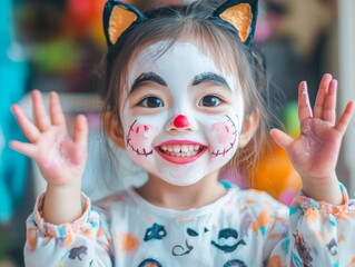 Happy little girl in carnival costumes and makeup with pumpkins for Halloween, photo