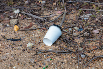 Photograph of an empty disposable coffee cup discarded on the ground as rubbish in the Blue...