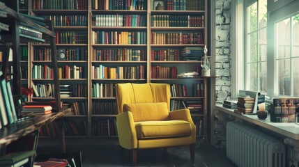 Fototapeta premium Cozy library room with a bright yellow armchair surrounded by shelves filled with books and natural light streaming through the window.