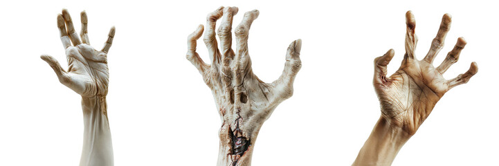 Three zombie hands reaching out  isolated transparent background