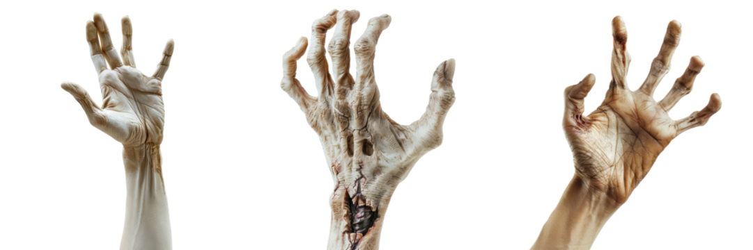 Three zombie hands reaching out  isolated transparent background