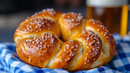 Close-up of traditional Oktoberfest pretzel with beer on table