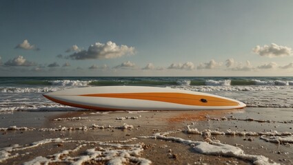 Surfboard resting on the shore with waves in the background at sunset.