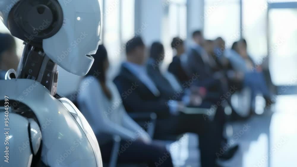 Poster humanoid robot in a modern waiting room surrounded by humans, representing the coexistence of ai and