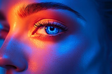 A mesmerizing close-up of a human eye illuminated by vibrant neon colors.