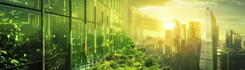 Fototapeta premium Modern green cityscape with sustainable buildings and lush vegetation, showcasing eco-friendly urban living and architectural innovation.