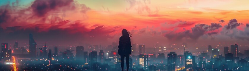 Fototapeta premium Person standing on rooftop overlooking cityscape under a stunning sunset sky. Urban exploration, inspiration, and adventure concept.
