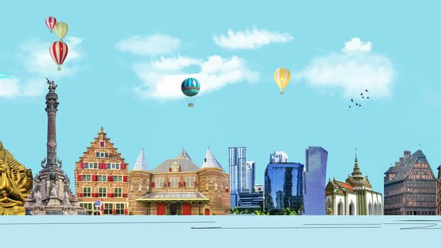 World landmarks and famous monuments collage isolated on panoramic blue background - 2D animation