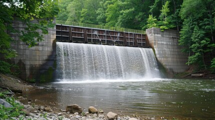 Scenic view of a picturesque waterfall flowing over a man-made dam surrounded by lush greenery and forested area.