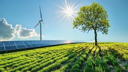 Solar panels and a wind turbine in a green field with a tree under a bright sun, symbolizing renewable energy and sustainability.