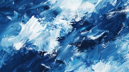 An abstract painting featuring dynamic blue and white brush strokes, evoking a sense of movement and fluidity.