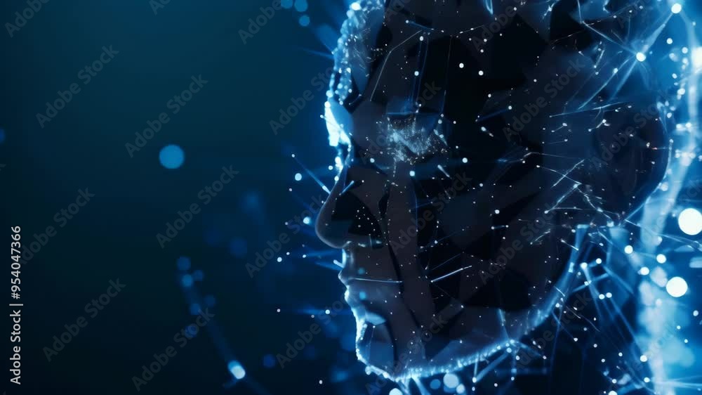 Poster Futuristic digital representation of a human face in blue light with intricate data points and connections. Ideal for AI and technology themes.