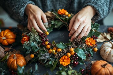 Hands carefully arrange a vibrant autumn wreath featuring seasonal foliage, bright flowers, and decorative accents on a table.