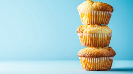 Three stacks of muffins on top of each other. The muffins are yellow and look delicious