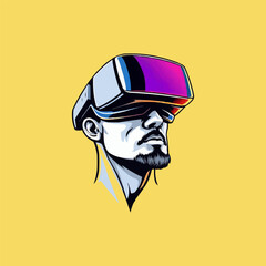Virtual Reality Goggles. Vector illustration of a guy using virtual reality glasses. VR Mascot logo design 