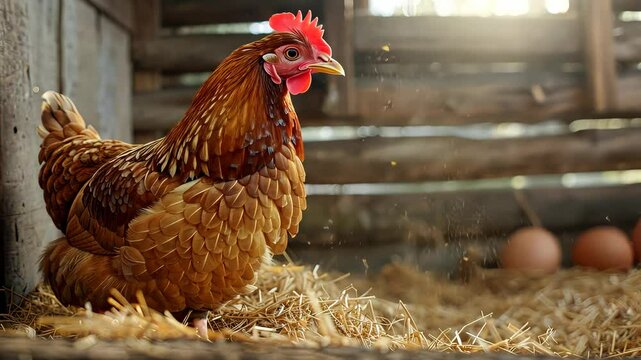 Brown hen sitting on straw in a rustic chicken coop with sunlight, rural life concept