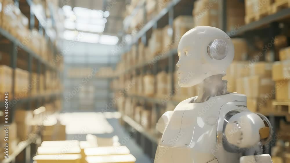 Poster warehouse robot managing logistics in a modern storage facility surrounded by packages. illustration