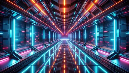 Futuristic corridor with glowing neon lights.