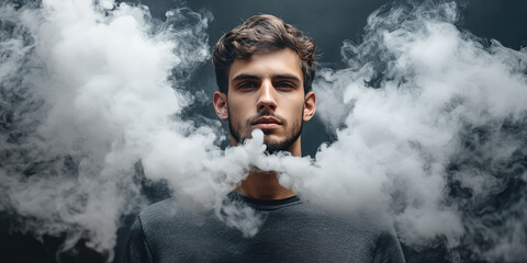 Young cool man surrounded by puffs of steam and smoke on simple color background with copy space. Template for vape store smoking products