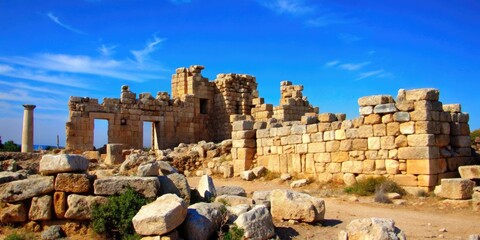 Fototapeta premium Ancient ruins stand against a clear blue sky.
