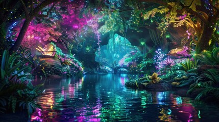 Enchanted Forest with Glowing Plants and a Mystic Cave