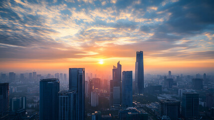 A dynamic cityscape at dawn with skyscrapers and a rising sun.