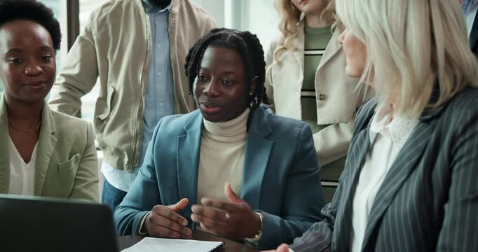 Group, people and laptop with video conference call, presentation in business meeting or discussion. Team, diversity and tech in career, project management and company for feedback, debrief or ideas