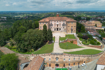 Aerial view of Castello di Govone, Italy, surrounded by lush gardens, Piedmon region, Langhe area