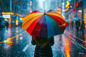 Woman with colorful umbrella standing alone in the rain on a busy city street © Vera