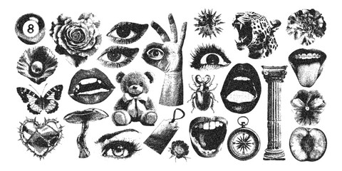 Photocopy stippled style with collage elements. Eyes, cream, pillar, flower, rose, coupon, compass, pearl as retro punk bitmap art. Vector illustration of grunge dadaism texture icons for psychedelic 