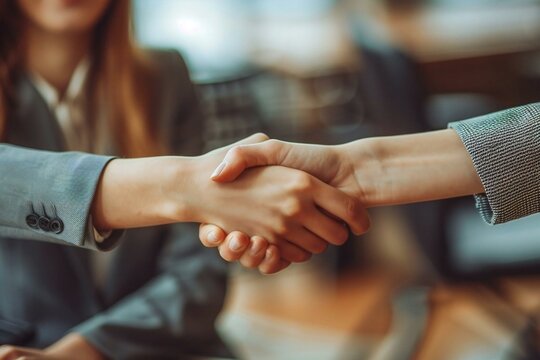 Aerial shot of young woman in business attire shaking hands with female executive at job interview.