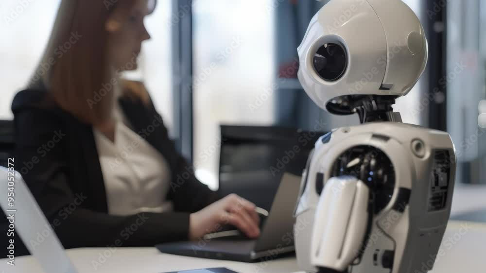 Poster humanoid robot in a business meeting with a human colleague in a modern office. concept of ai integr