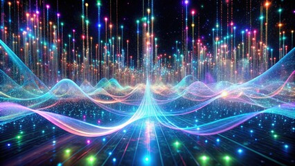 Digital wave with colorful lights in a futuristic scene.