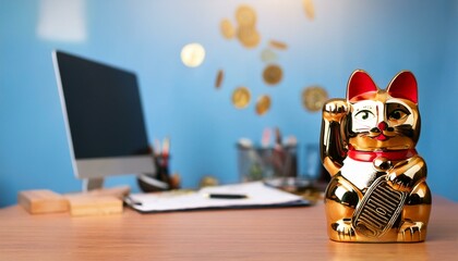 Maneki-neko, a money cat standing on the office table