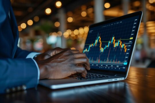 close-up shot of an African American businessman's hand analyzing a graph on his laptop computer at his workplace, showcasing data analytics and stock market analysis.