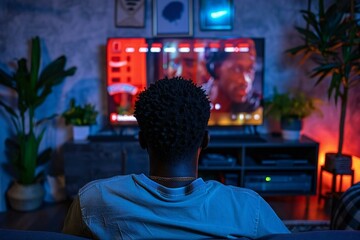 Obraz premium African American man streaming and watching movie on TV screen in his cozy living room.